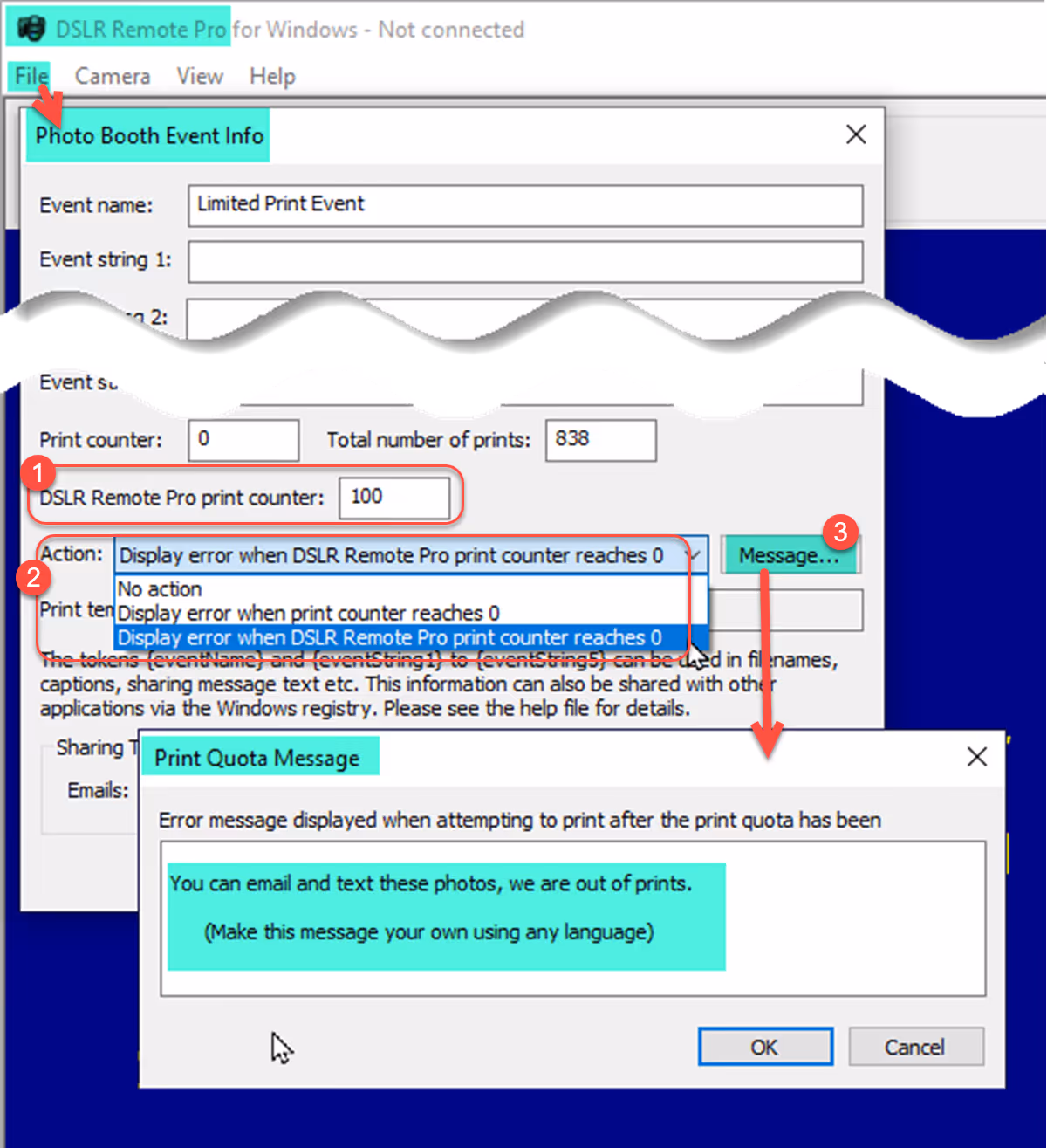 Setting a print quota and customizing the message displayed when this is reached (Breeze DSLR Remote Pro 3.15.3)