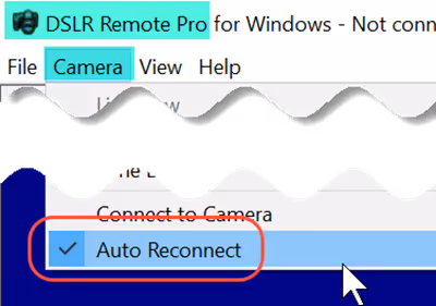 Use Auto Reconnect to restart the camera if there is a temporary issue (Breeze DSLR Remote Pro 3.15.2)