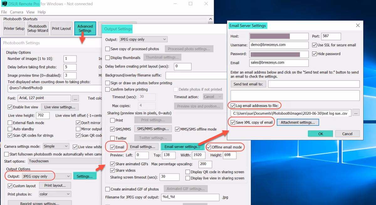 Email settings for Drop Off booths (DSLR Remote Pro 3.15.2)