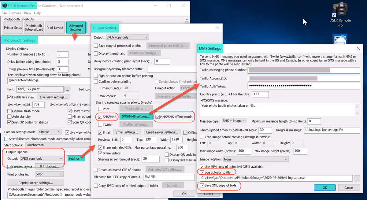 SMS/MMS text settings for Drop Off booths (Breeze DSLR Remote Pro 3.15.2)