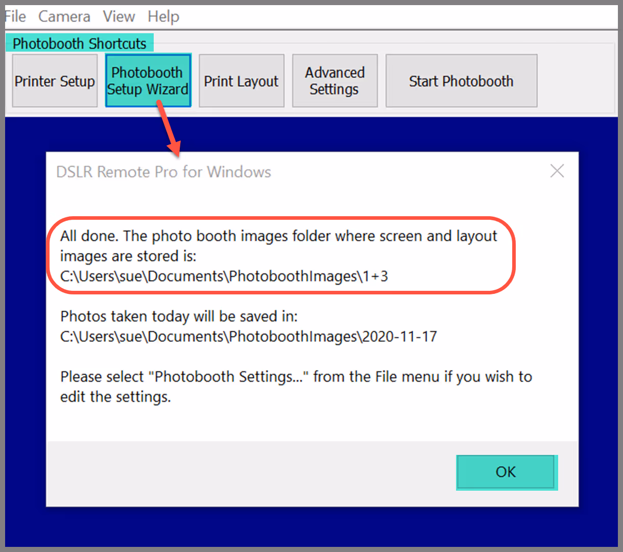 Message showing Setup Wizard completed and name of folder where screen and layout images are stored (Breeze DSLR Remote Pro 3.15.3)