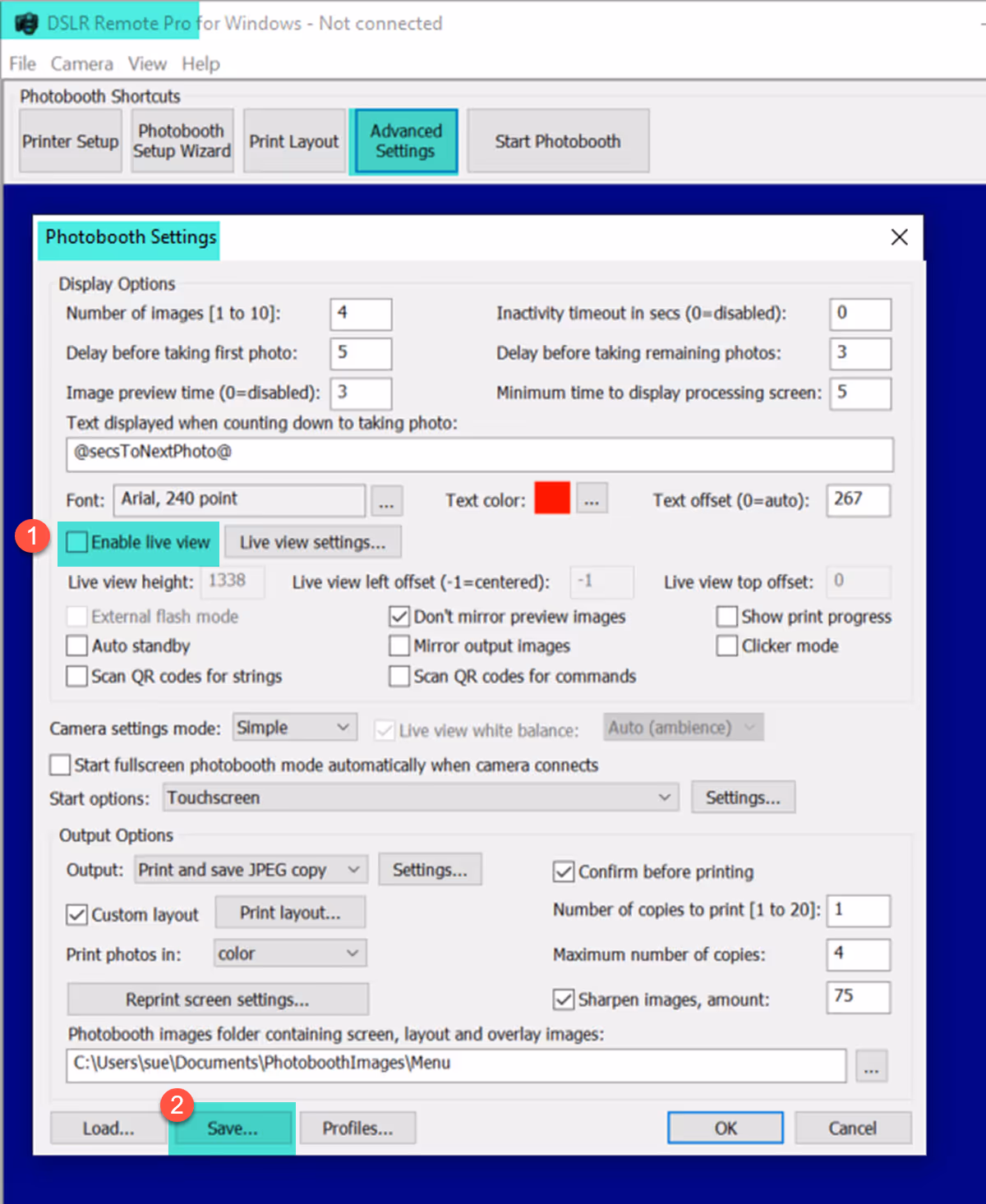 Removing live view from the menu screen and saving the settings (Breeze DSLR Remote Pro 3.15.3)