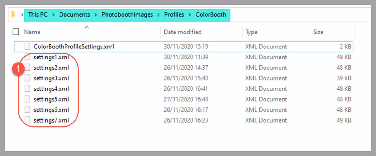 Each photobooth settings file is named sequentially and stored in the same folder