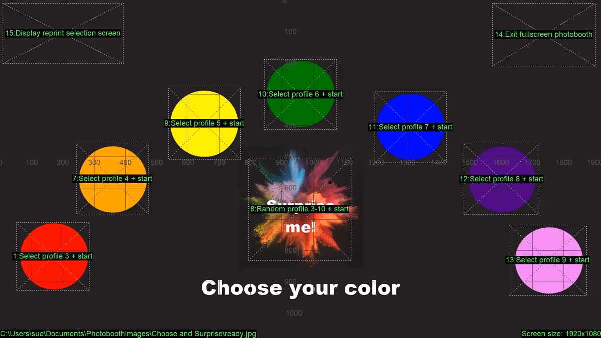 Touch screen settings for the menu Ready screen. Each color button and the Surprise me button have actions including + start.