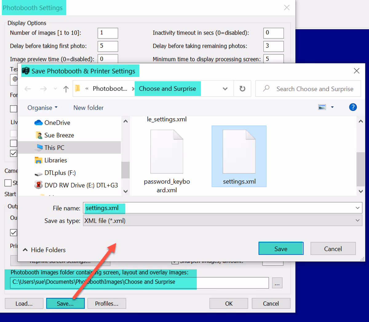 Saving the updated photobooth settings for the Choose and surprise menu