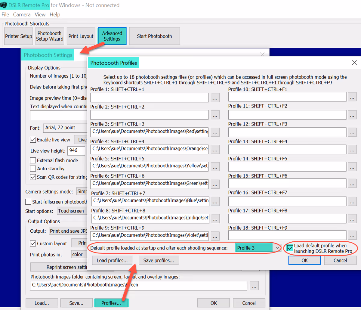 Default profile loaded at startup and after each shooting sequence set to Profile 3