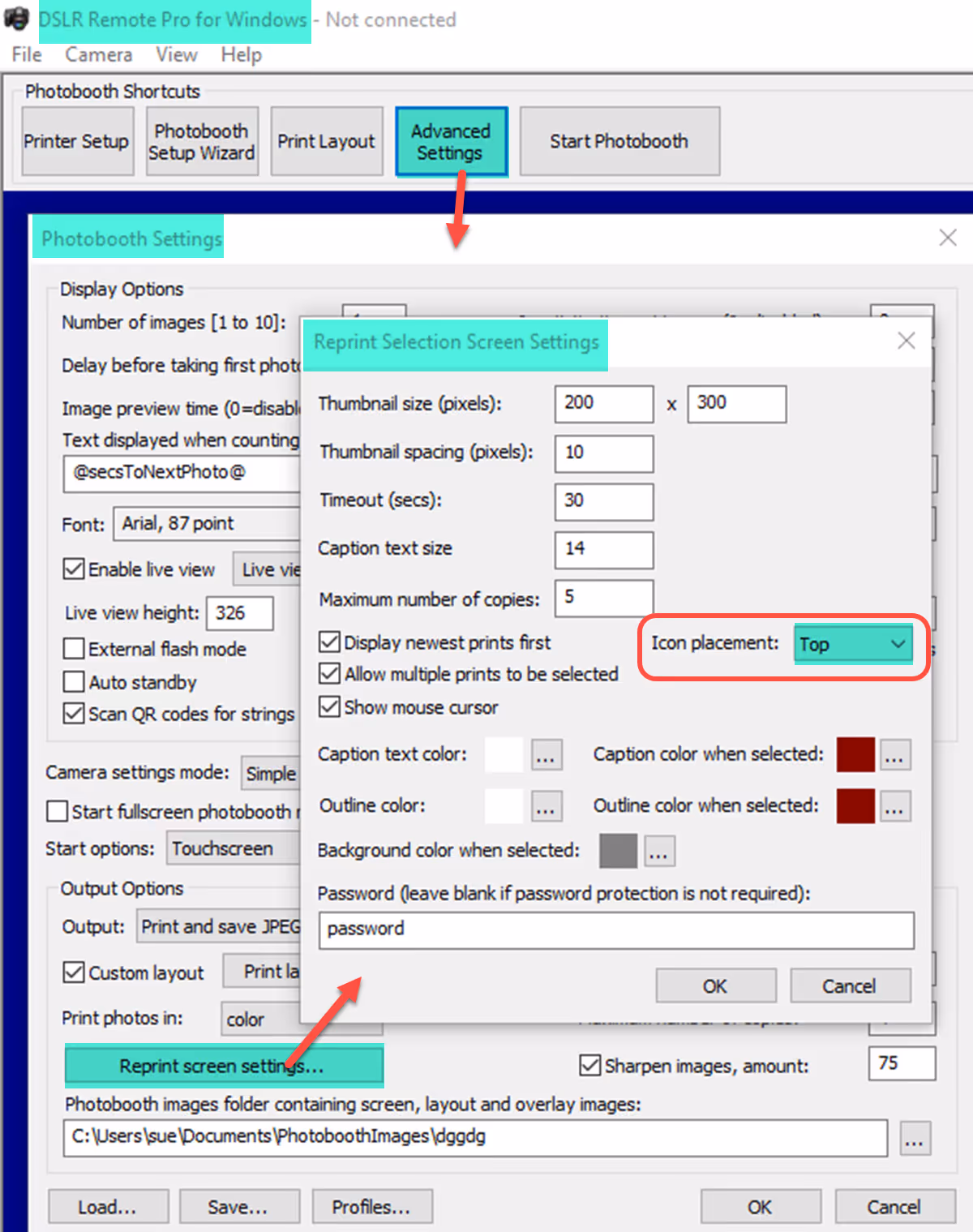 Reprint Selection Screen Settings window (Breeze DSLR Remote Pro 3.15.1)