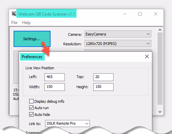 Webcam QR code scanner showing live view position and size (Breeze Webcam QR Code Scanner 1.1)