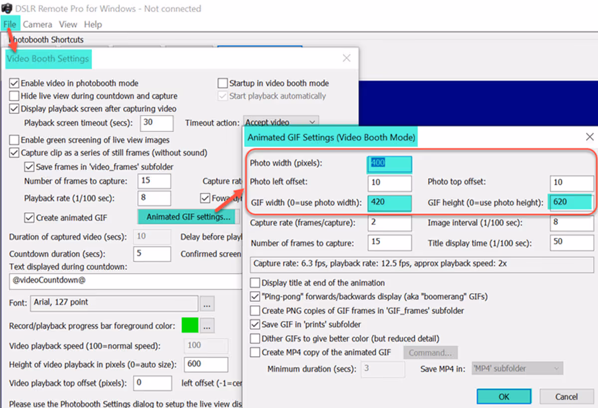 Select File, Videobooth settings.., then Advanced GIF settings to adjust the GIF frame for portrait GIFs