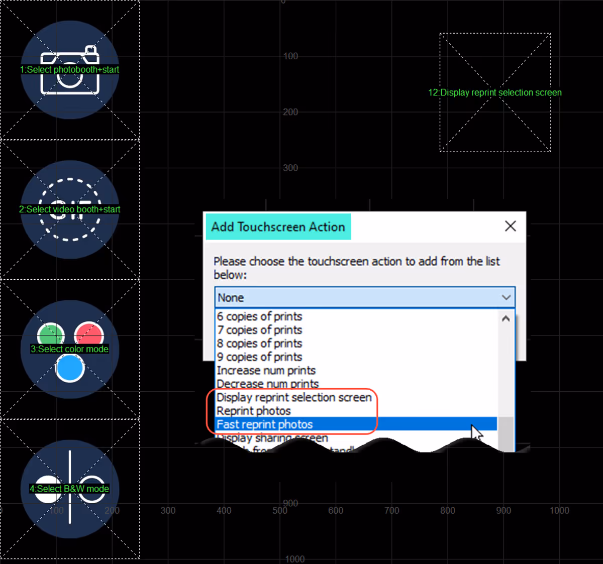 Adding touchscreen actions for a Reprint selection screen or reprint to the Ready screen (Breeze DSLR Remote Pro 3.15.1)