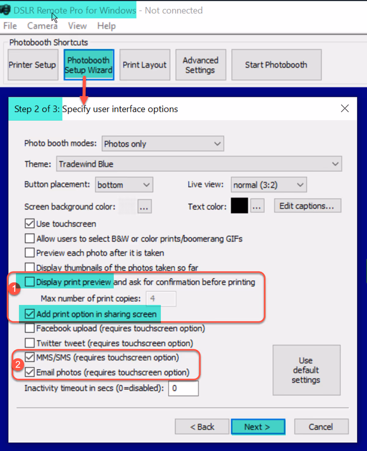 DSLR Remote Pro 3.14.3 Setup Wizard Step 2: showing settings to print from the sharing screen