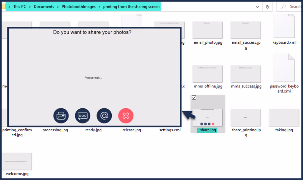 PhotoboothImages folder showing the sharing screen share.jpg (DSLR Remote Pro 3.14.3)