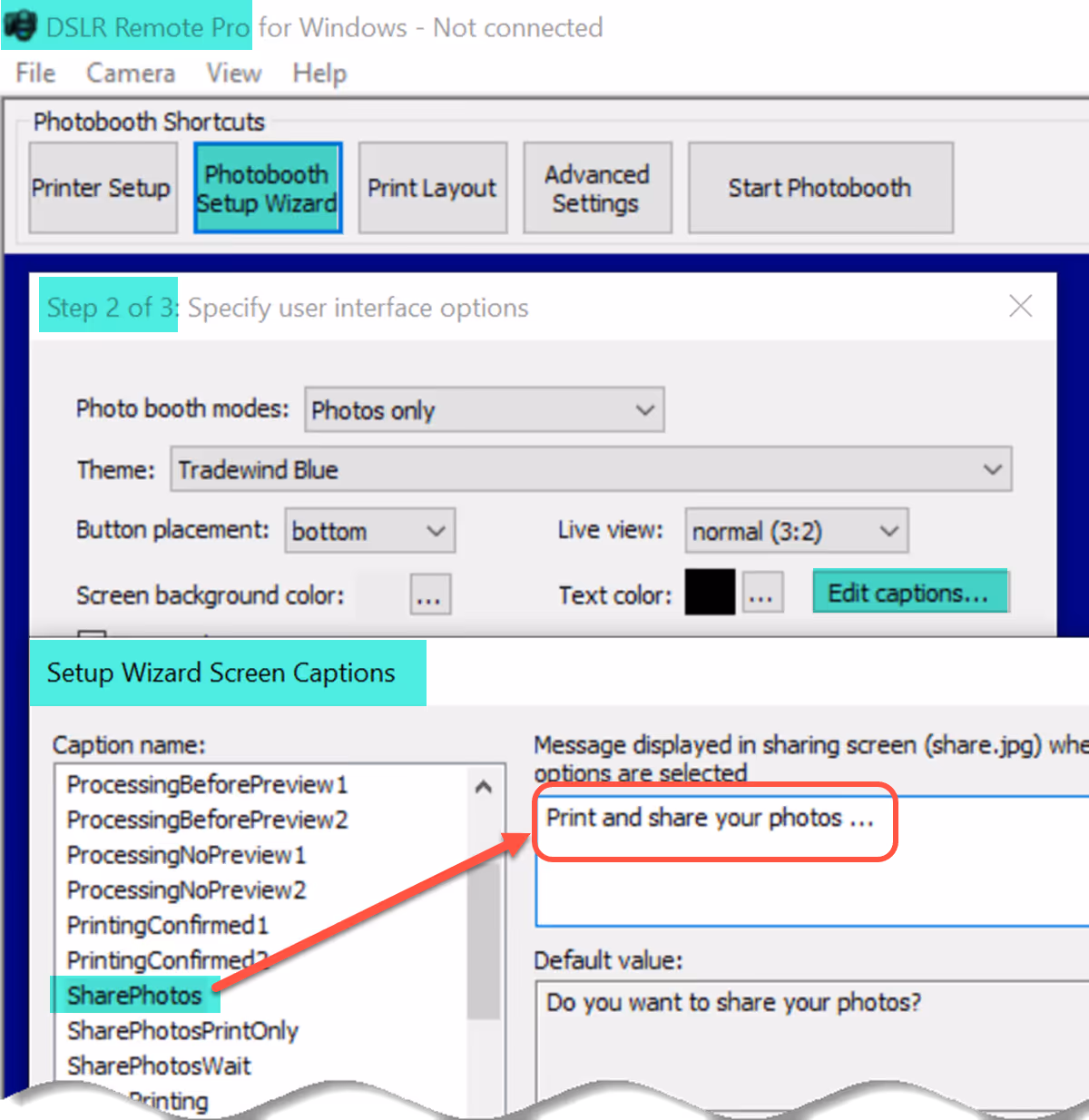 Editing the sharing screen caption (DSLR Remote Pro 3.14.3)