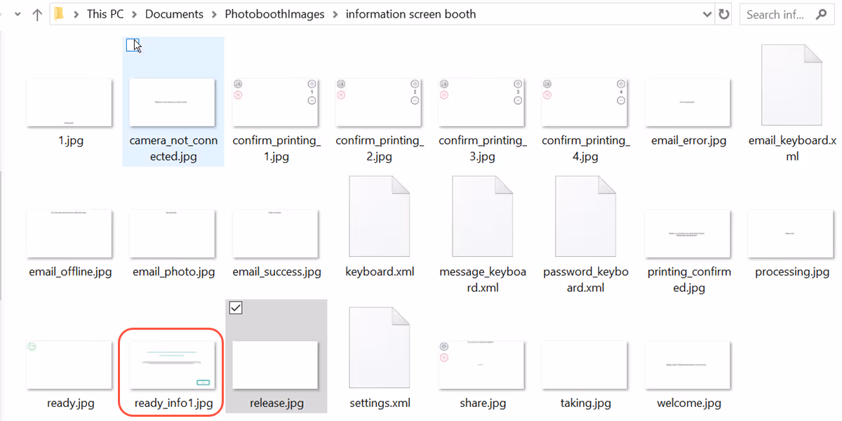 PhotoboothImages folder including information screen (Breeze DSLR Remote Pro 3.14.3)