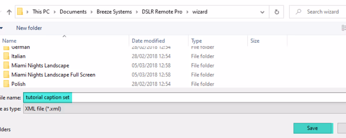 Saving a custom caption set (DSLR Remote Pro 3.14.3)