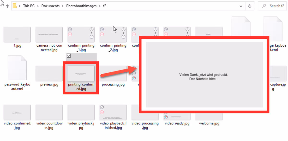 Photoboothimages folder highlighting printing_confirmed.jpg ie print confirmation screen (DSLR Remote Pro 3.14.3)