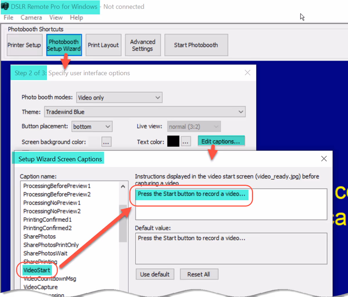 Setup Wizard showing default caption for VideoStart (Breeze DSLR Remote Pro 3.14.3)