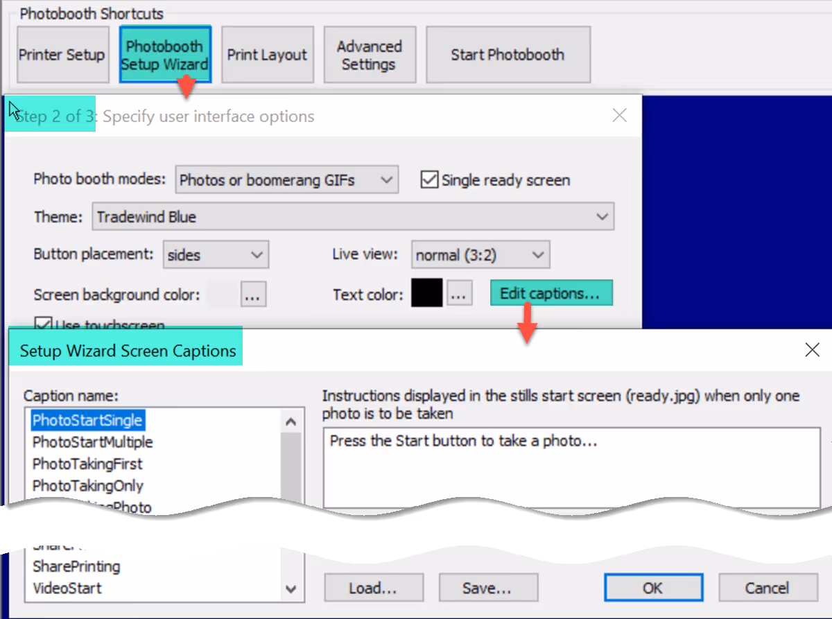 Select Edit captions… at Step 2 of the wizard to list and alter on-screen captions (Breeze DSLR Remote Pro 3.14.3)