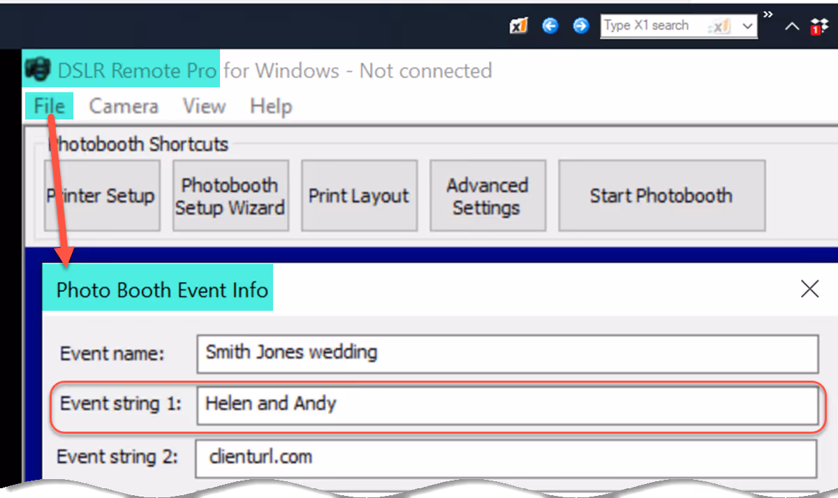 Setting the value of an event string in Breeze DSLR Remote Pro 3.14.3