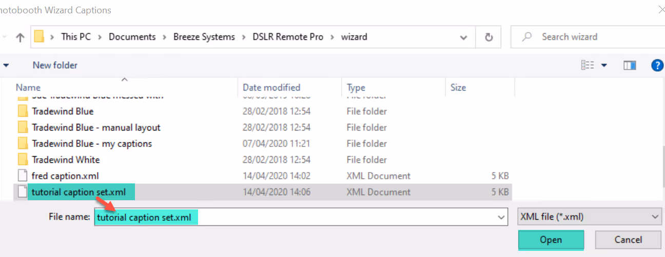 Loading a caption set into DSLR Remote Pro (v3.14.3)