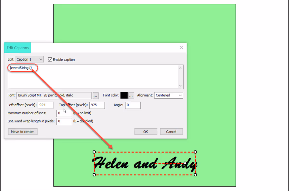 The same token {eventString1} used in a print caption (Breeze DSLR Remote Pro 3.14.3)