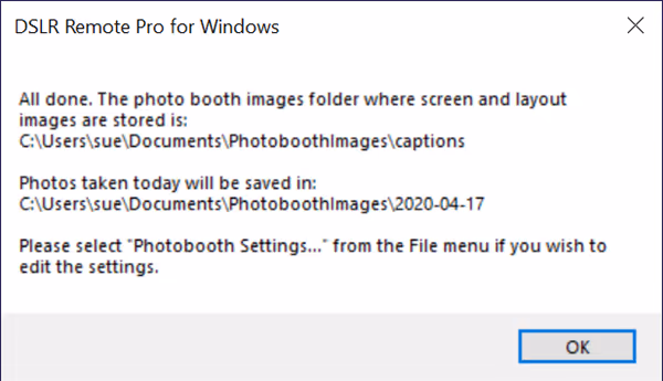 Message confirming the setup wizard has been completed (DSLR Remote Pro 3.14.3)