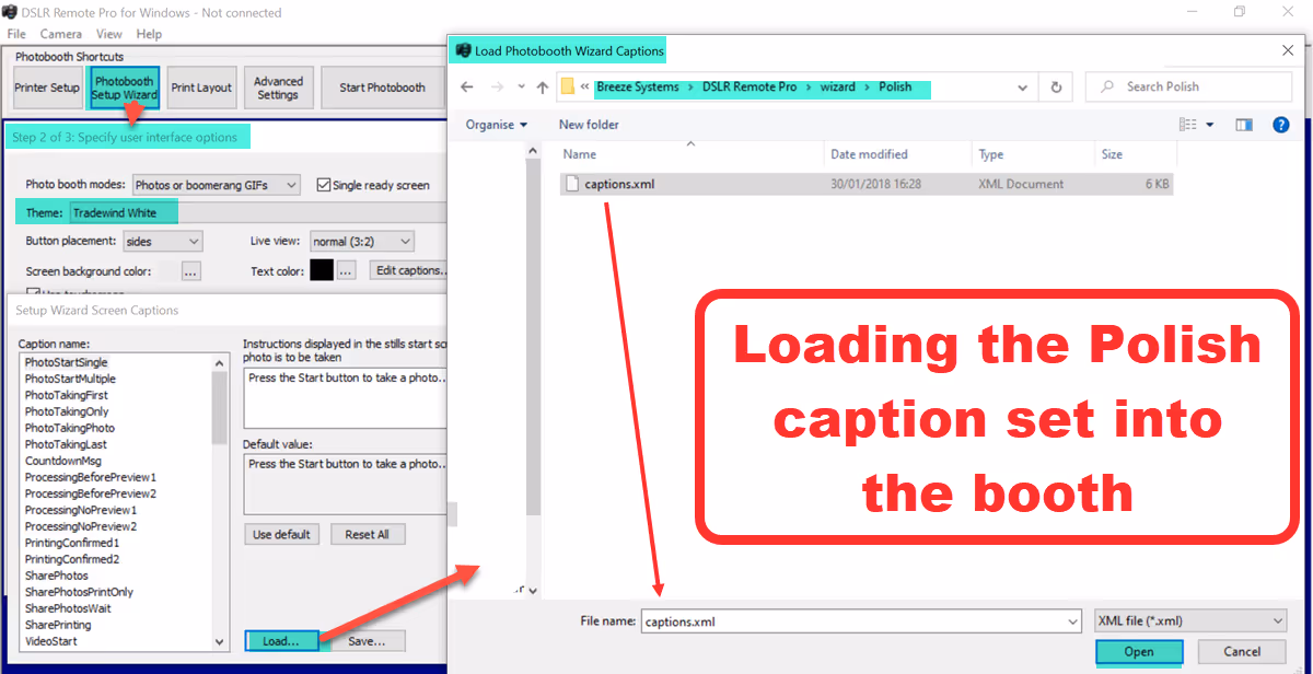 Loading the Polish caption set into DSLR Remote Pro 3.14.3