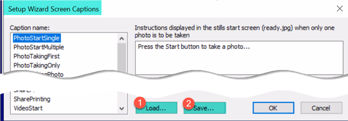 Load (1) and Save (2) buttons for caption sets (Breeze DSLR Remote Pro 3.14.3)