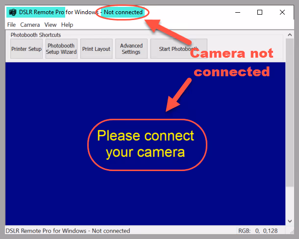 Breeze DSLR Remote Pro 3.15.4 displays a blue screen and clear messages showing that the camera is not connected to the program