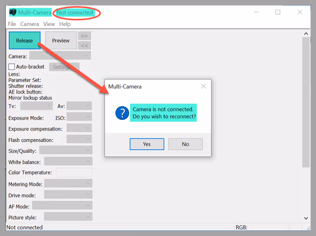 Breeze Multi-Camera says 'Not connected' at the top of the screen
