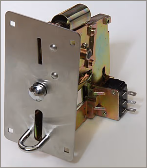 Coin acceptor showing the front face panel and the mechanism behind together with the microswitch that is triggered when a coin is accepted