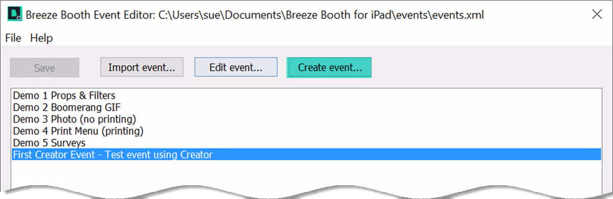 Open the event you want to edit (Breeze Booth Event Editor 1.3.1)