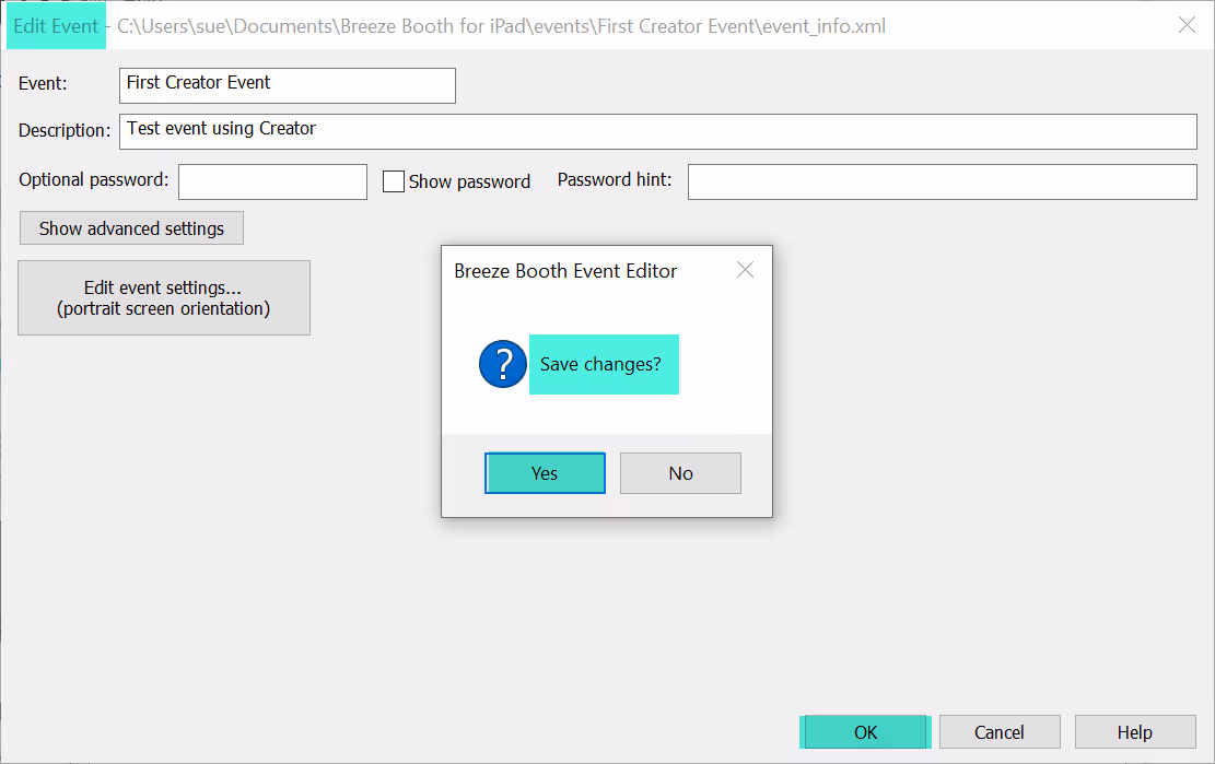 Saving changes to the event (Breeze Booth Event Editor 1.3.1)