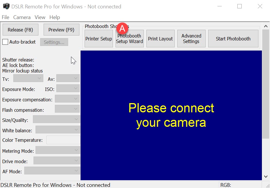 DSLR Remote Pro 3.8 main screen showing Photobooth Setup Wizard button