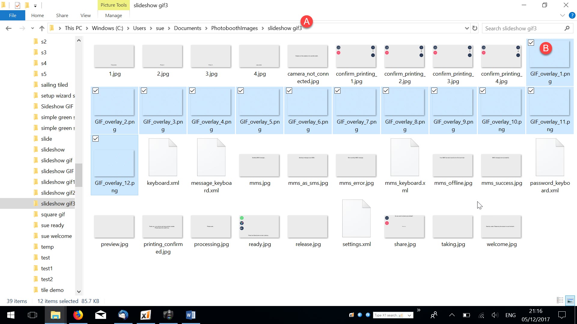 Showing PhotoBoothImages folder containing screen layouts and overlay png files