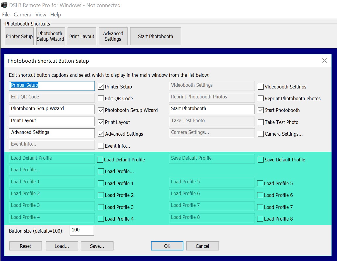 Shows DSLR Remote Pro 3.8.1 Photobooth Shortcut Buttons Setup screen showing profiles with profiles highlighted