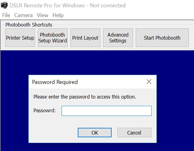 Entering password to protect Lockdown mode DSLR Remote Pro 3.8.1