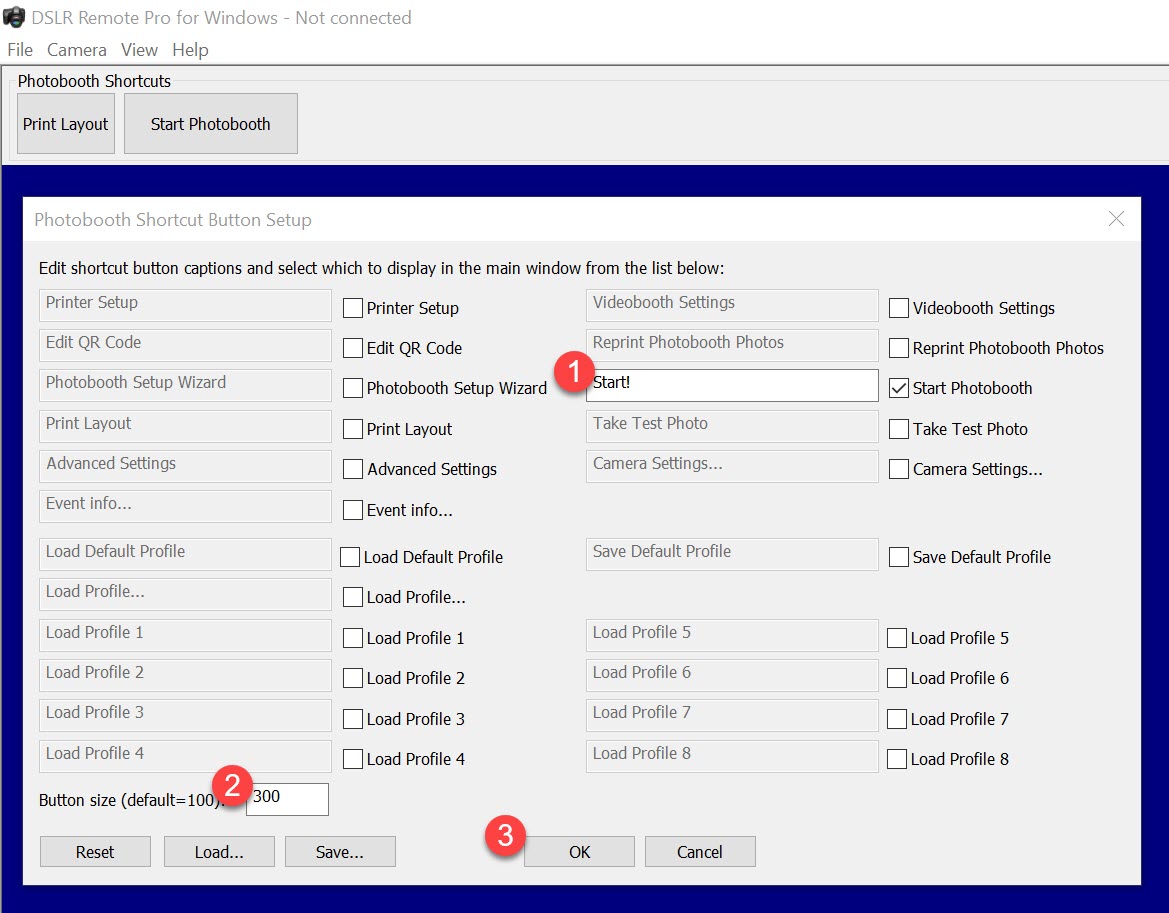 Shows the DSLR Remote Pro 3.8.1 Photobooth Shortcut Buttons scree