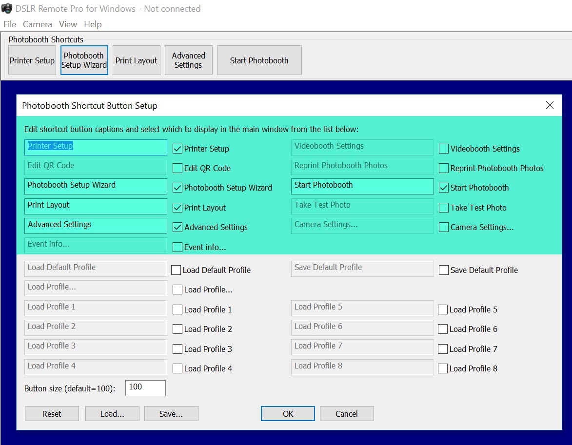 Shows the Photobooth Shortcut Setting window DSLR Remote Pro 3.8.1