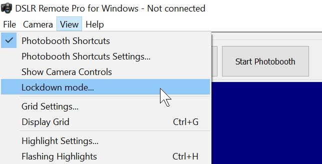 Shows how to access Lockdown mode in DSLR Remote Pro 3.8.1