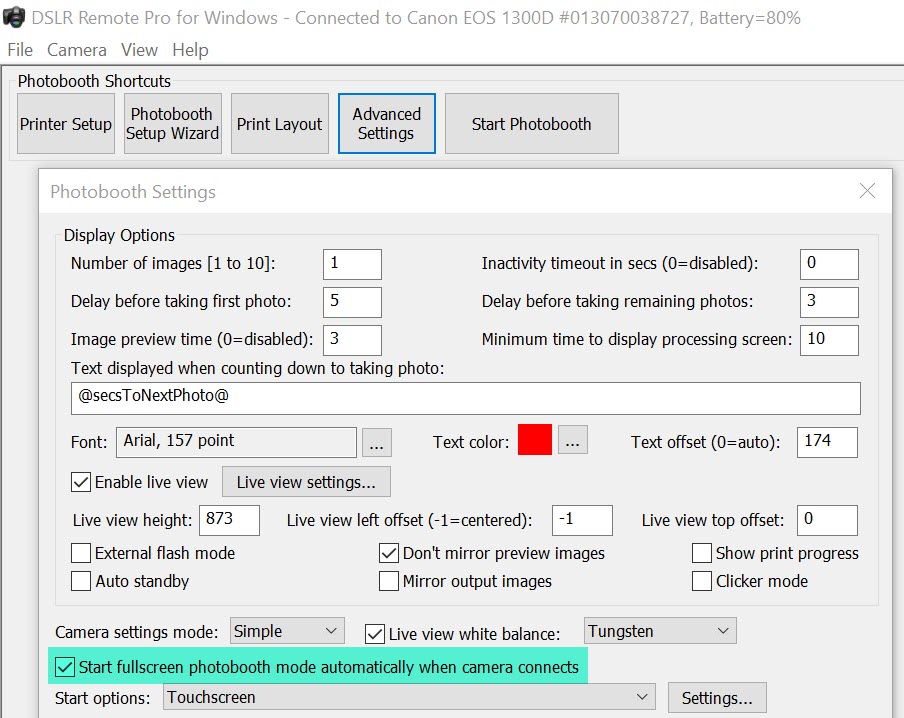Advanced settings screen showing how to start the booth automatically DSLR Remote Pro 3.8.1