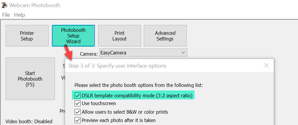 Selecting DSLR template compatiblity mode Webcam Photobooth 2.4