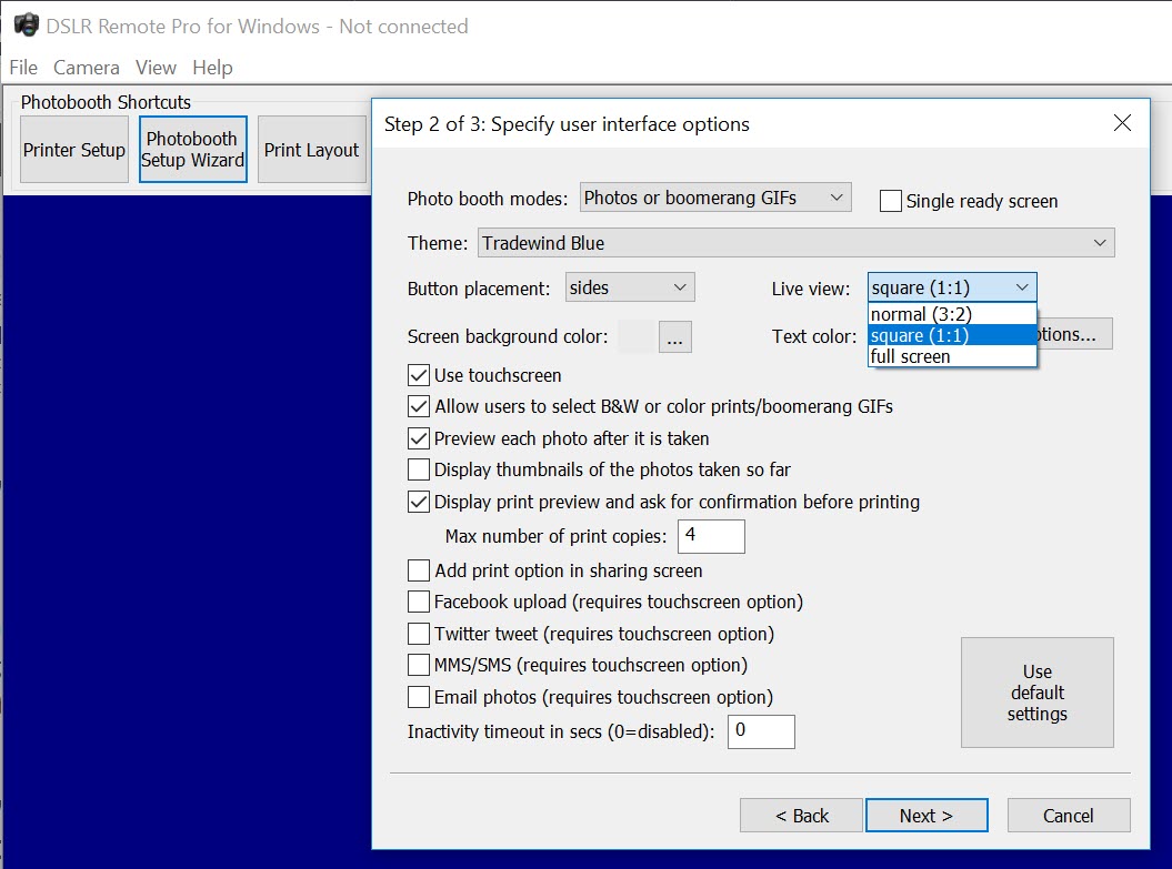Shows drop down list for live view (DSLR Remote Pro 3.9 Photobooth Setup Wizard Step 2)