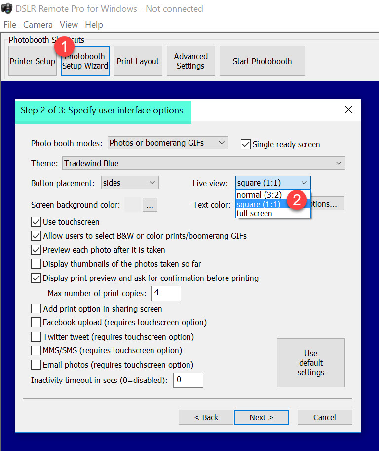 Selecting square live view using the Photobooth setup Wizard: DSLR Remote Pro 3.9.1