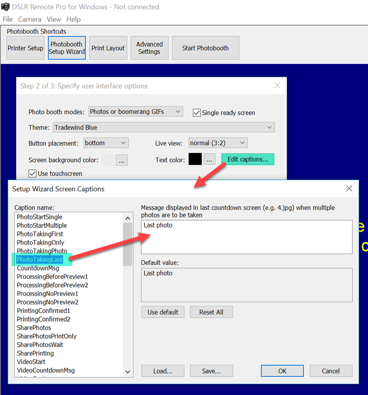 Showing individual caption edit in the Photobooth Setup Wizard DSLR Remote Pro 3.9.1