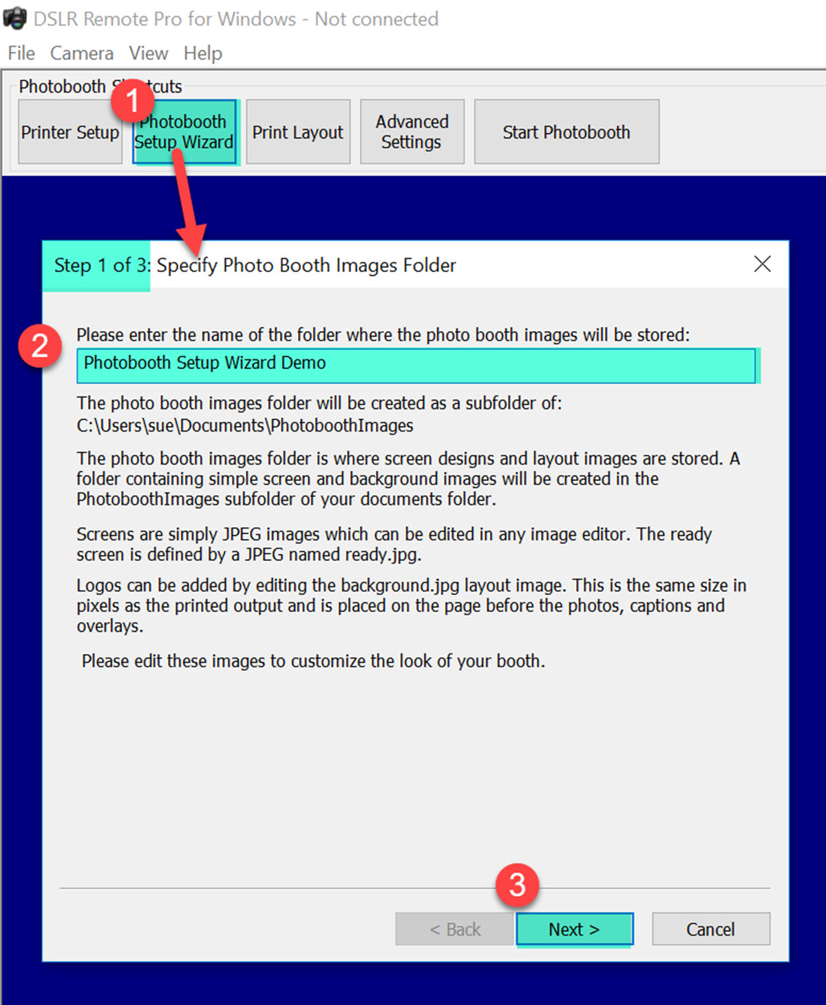 Shows Step 1 of the Photobooth Setup Wizard in DSLR Remote Pro 3.9.1