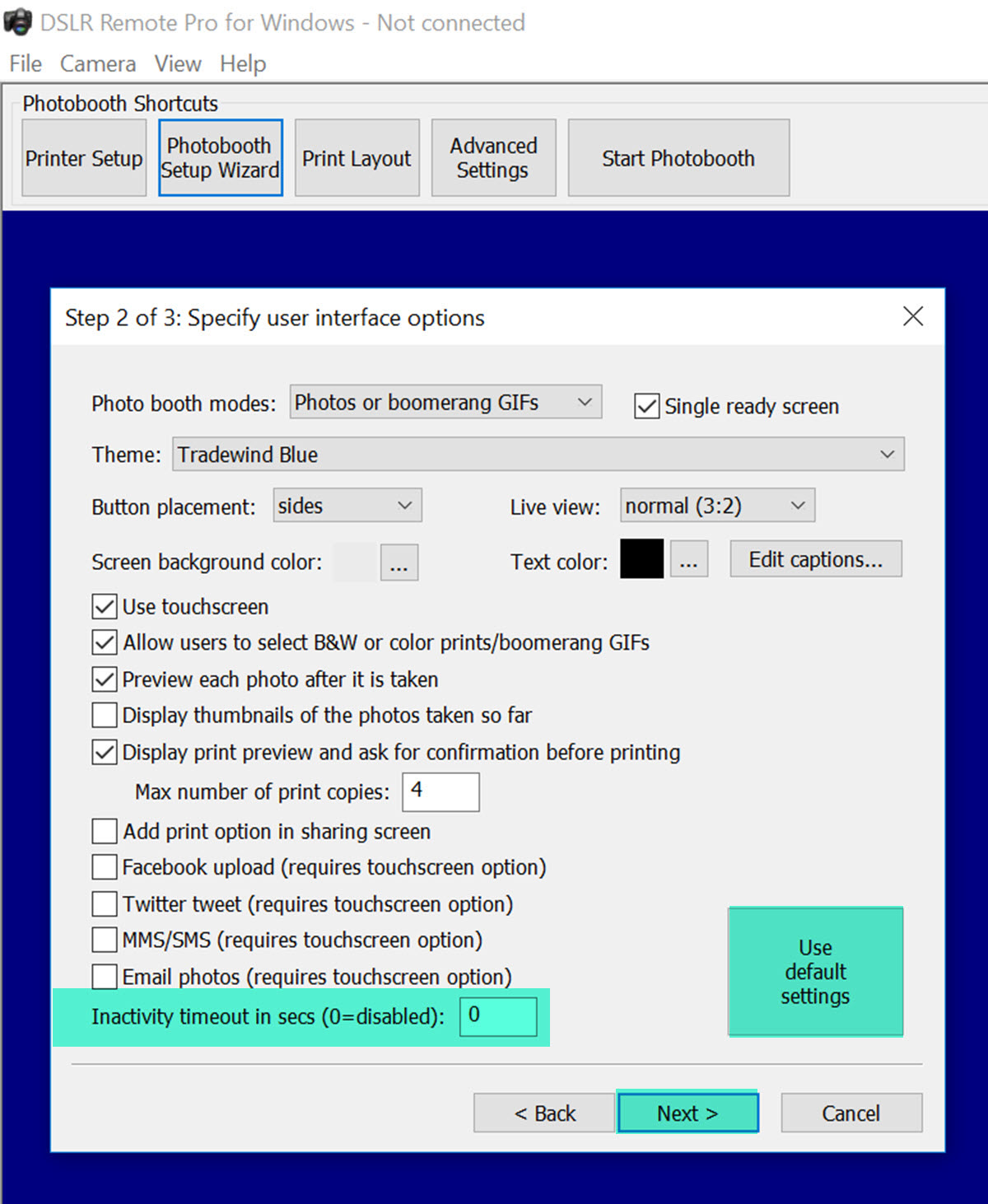 DSLR Remote Pro 3.9.1 wizard Step 2 highlighting inactivity timeout and 'Use default setting' button