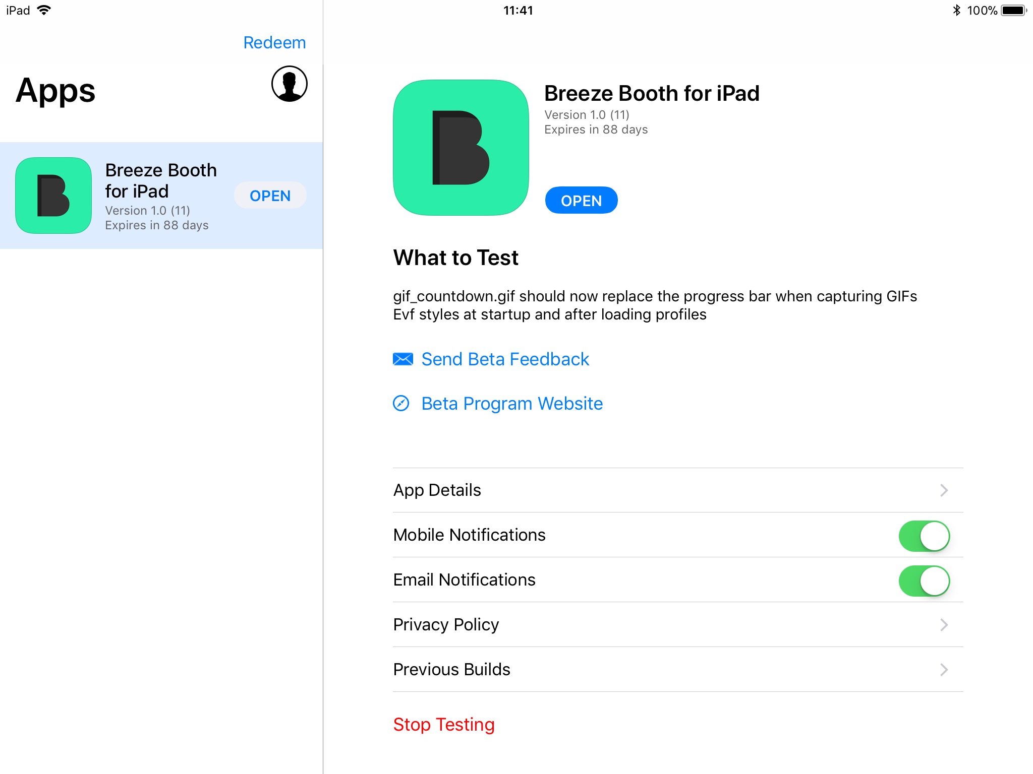 TestFlight screen showing Breeze Booth for iPad icon