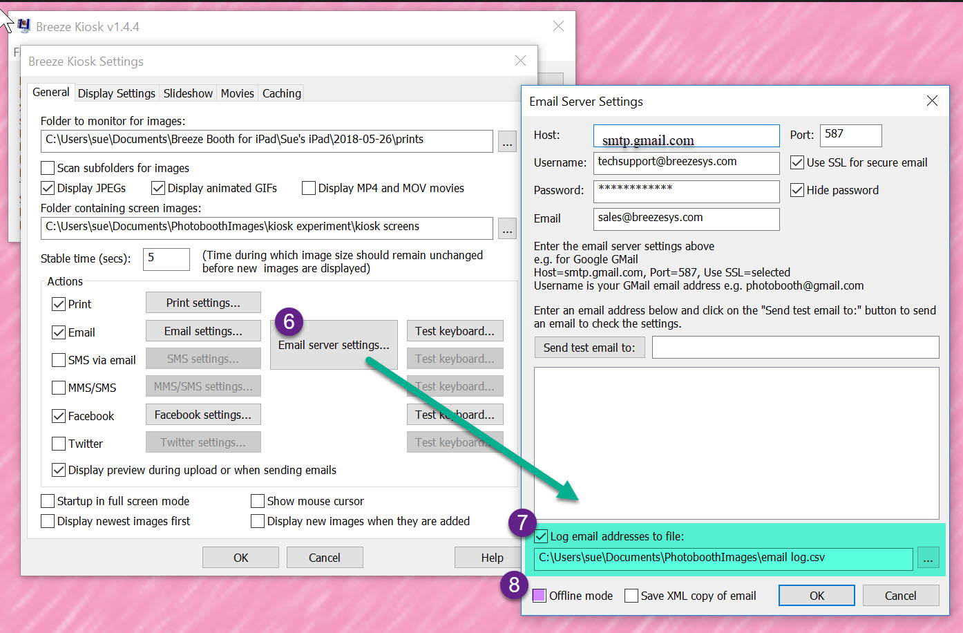 Breeze Kiosk email server settings screen