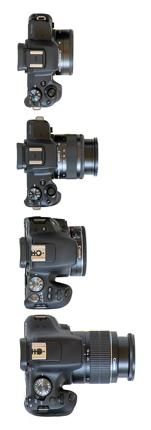Photos of Canon EOS M50, 200D and 2000D with kit and pancake style lenses